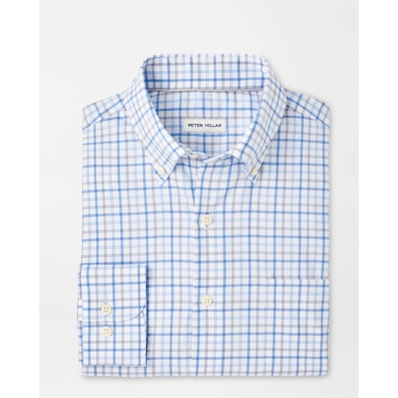Peter Millar Button Down Shirt‎ Mens Medium Blue Tan Plaid Check Long Sleeve - Picture 2 of 10